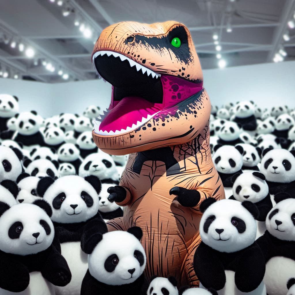 T-rex surrounded by pandas