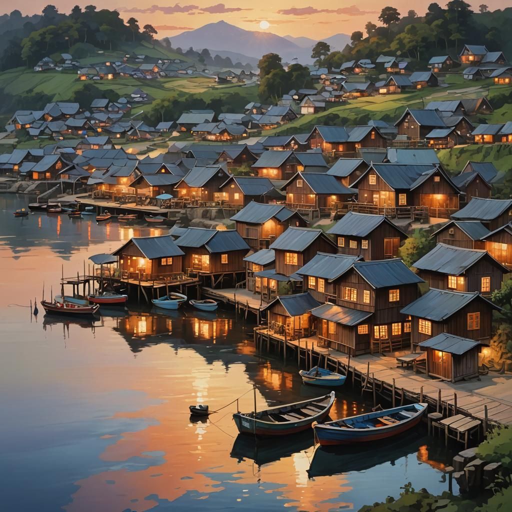 Picturesque Fishing Village at Sunset