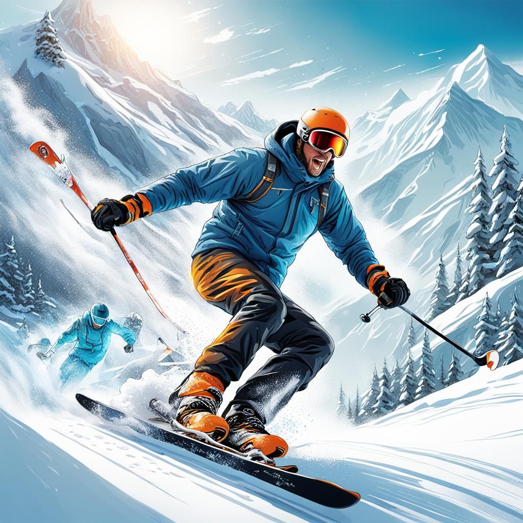 Energetic illustrations capturing the excitement of skiing or snowboarding down snowy slopes.
Spirited ...  by @Tara