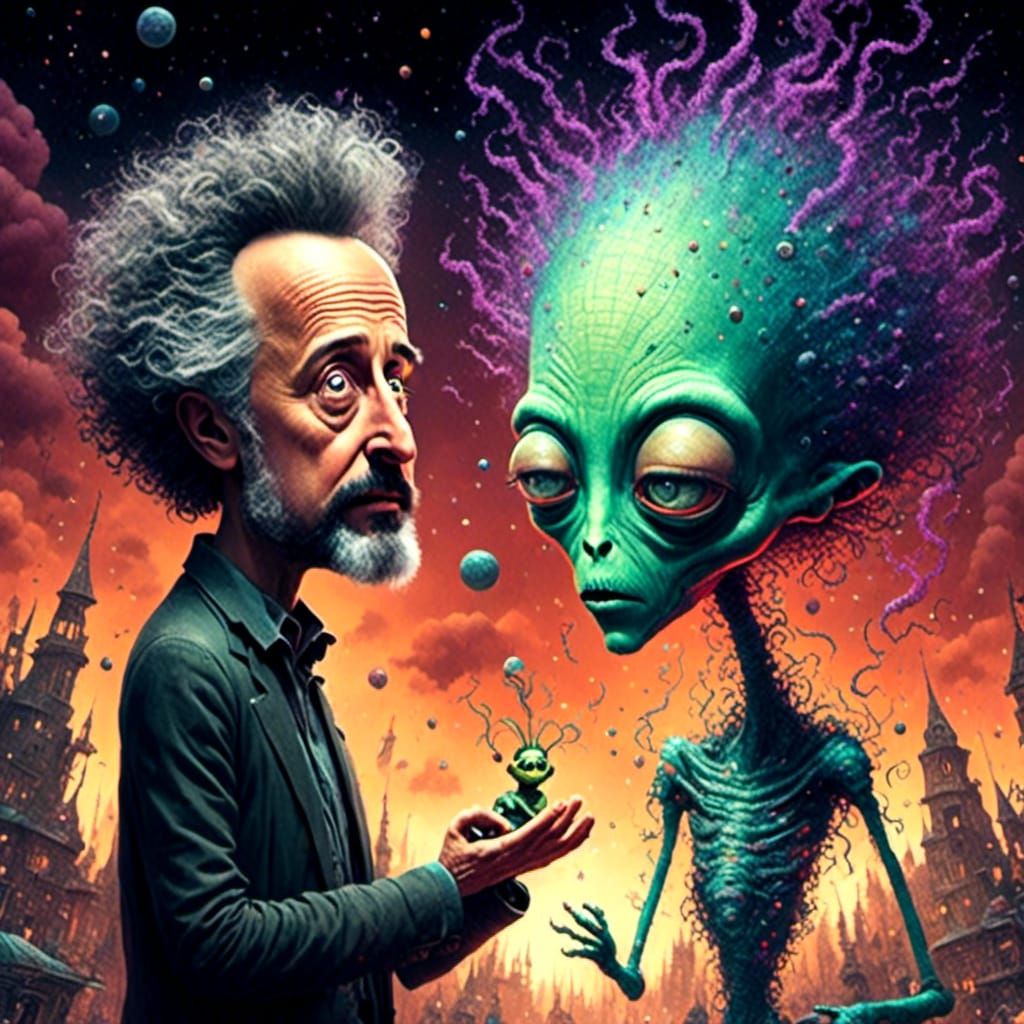 Giorgio Tsoukalos and his big hair, next to an Alien