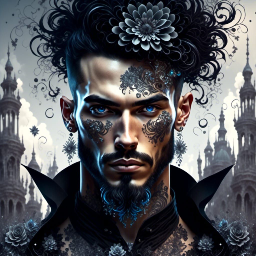 <lora:3d flower portraits:1.0> Goth man with black hair and beard, blue, huge rainbow lace flowers in background, flower tattoos, white lace...