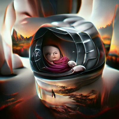 portrait of a baby inside a capsule and a women open two han...