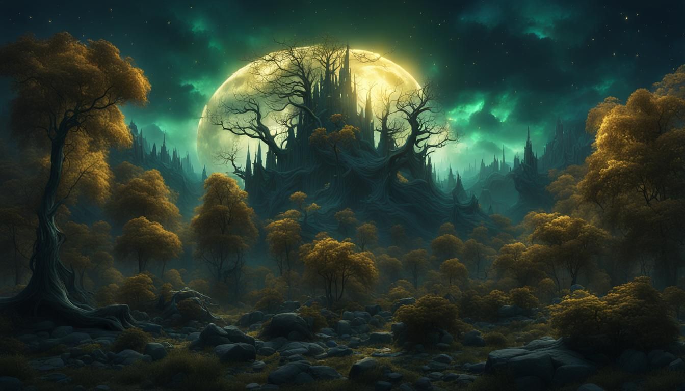 dark and sinister forest with midnight blue and dark green t...