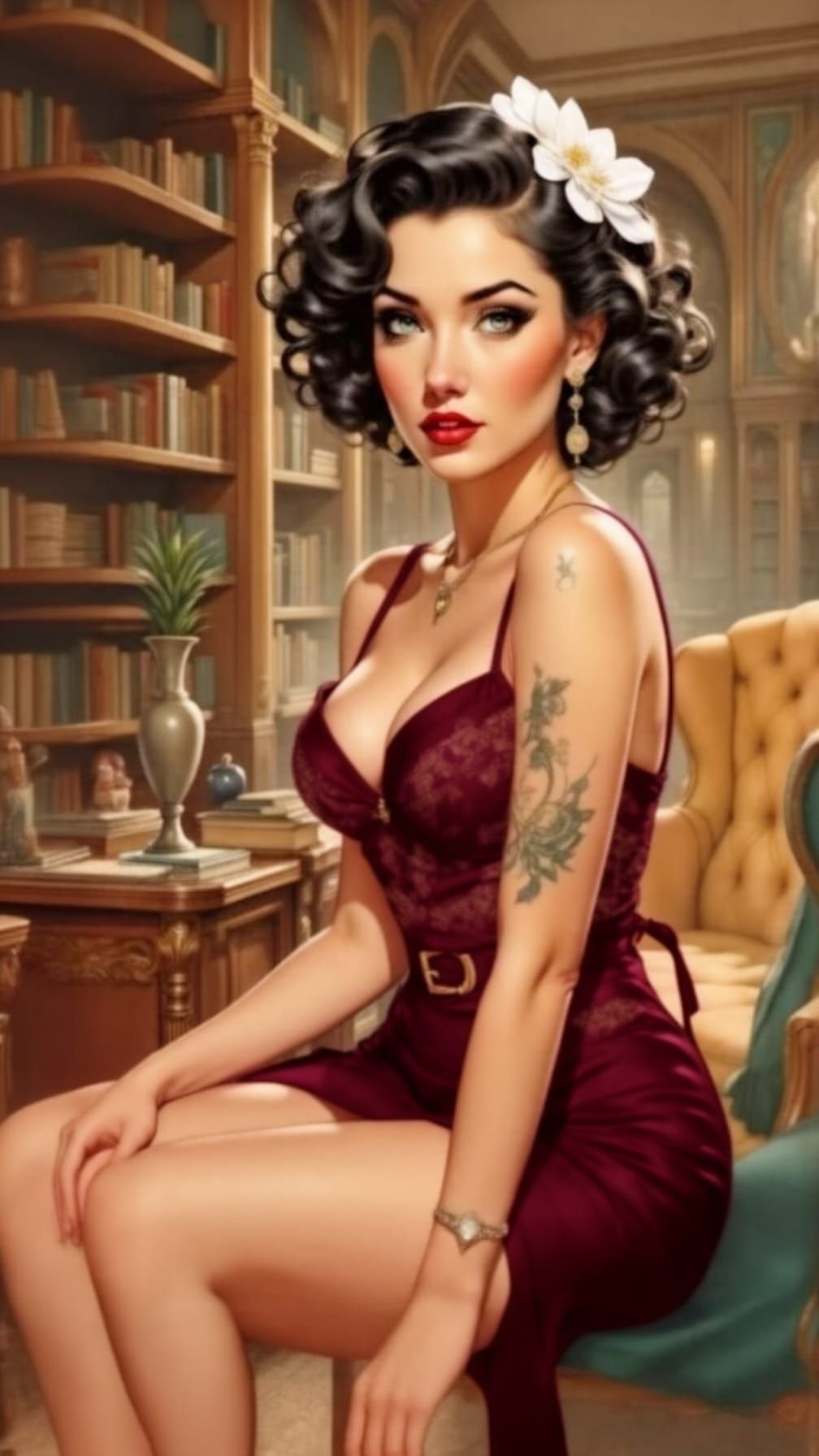 50's Pin-up gorgeous sensual Librarian in the library  
Pulchritudinous, full body dynamic feminine pose 