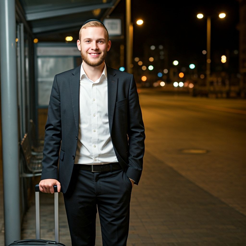 Yeshiva Student at Bus Stop, Ready to Travel