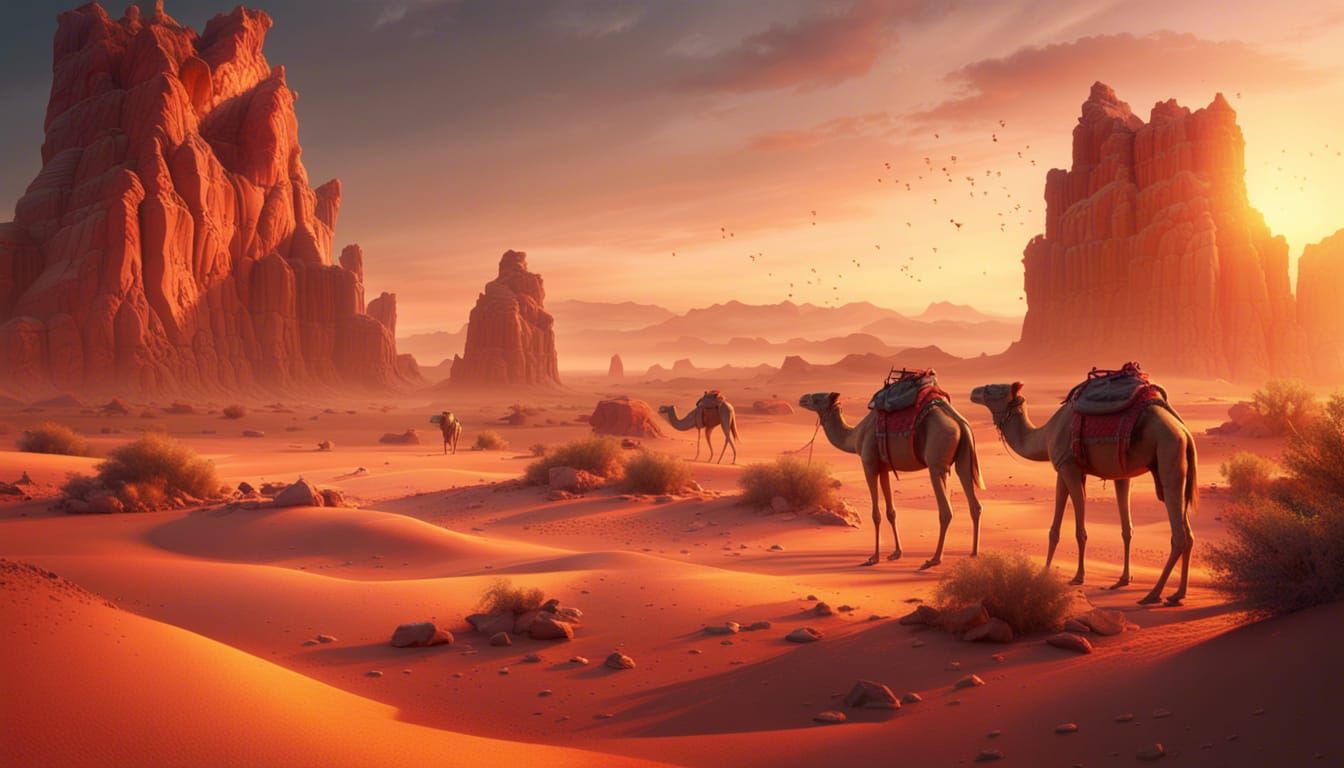 Desert Sunset with Oases and camels   by @Jarka Carta
