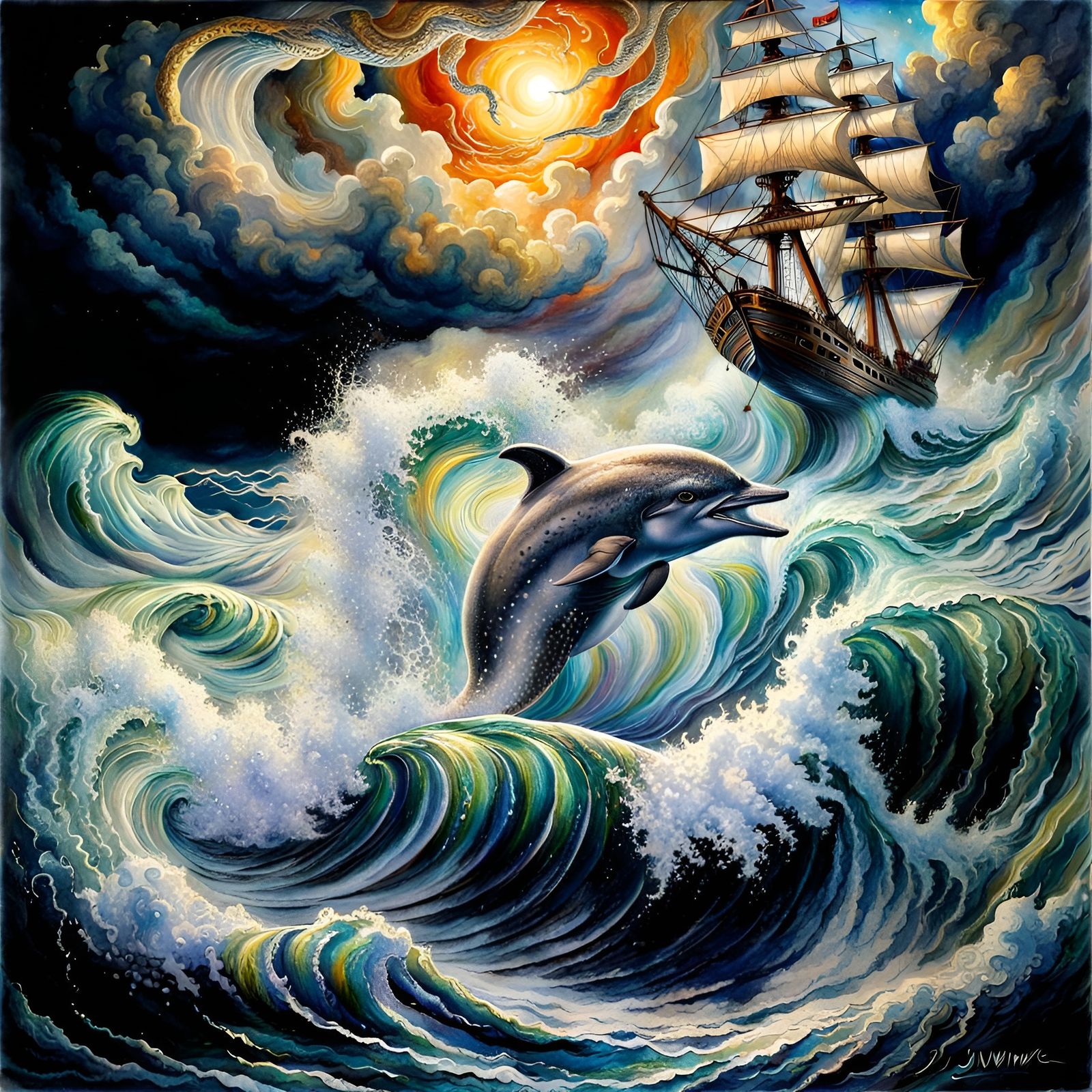Grey Dolphin Jumping out of Ocean Near the Ship