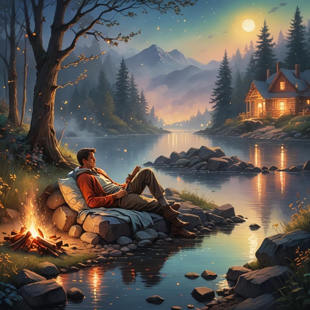 nighttime river moonlight particles with a sleeping man near...