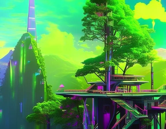 Millionaire's tree house in a cyber punk forest. Bright colored sky's, glass wall out looking a mountain and city
