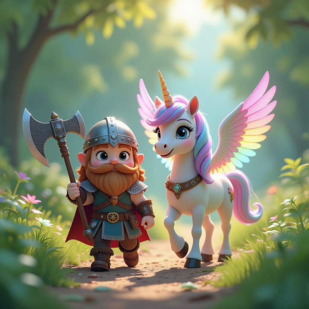 A cute chibi, a Viking Warrior carrying a double head-axe, and rainbow winged single horned ethreal Unicorn, walking in a sunlight garden wi...