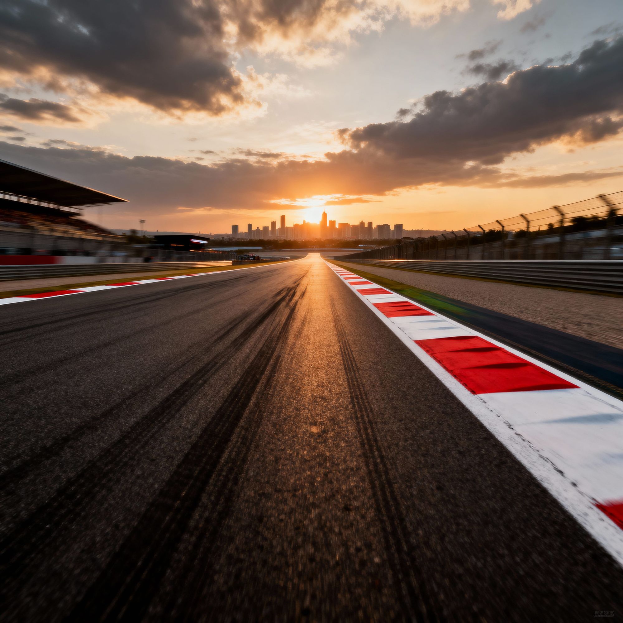 A3 vertical poster design. Immersive F1 race track. The asphalt track surface with red and white curbing ** track starts immediately from th...