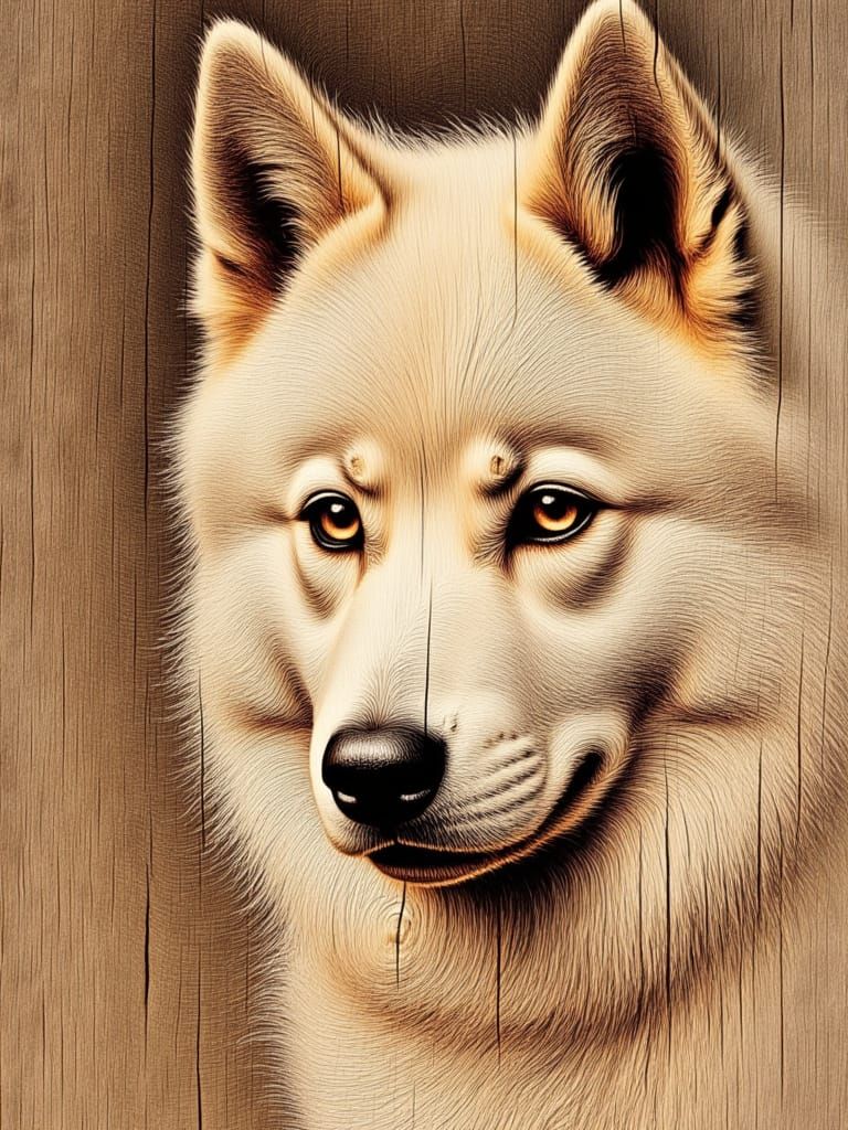 <lora:Ingrained wood:1.0> knots and multiple grain, Samoyed dog portrait ingrained and melded into creamy white maple wood