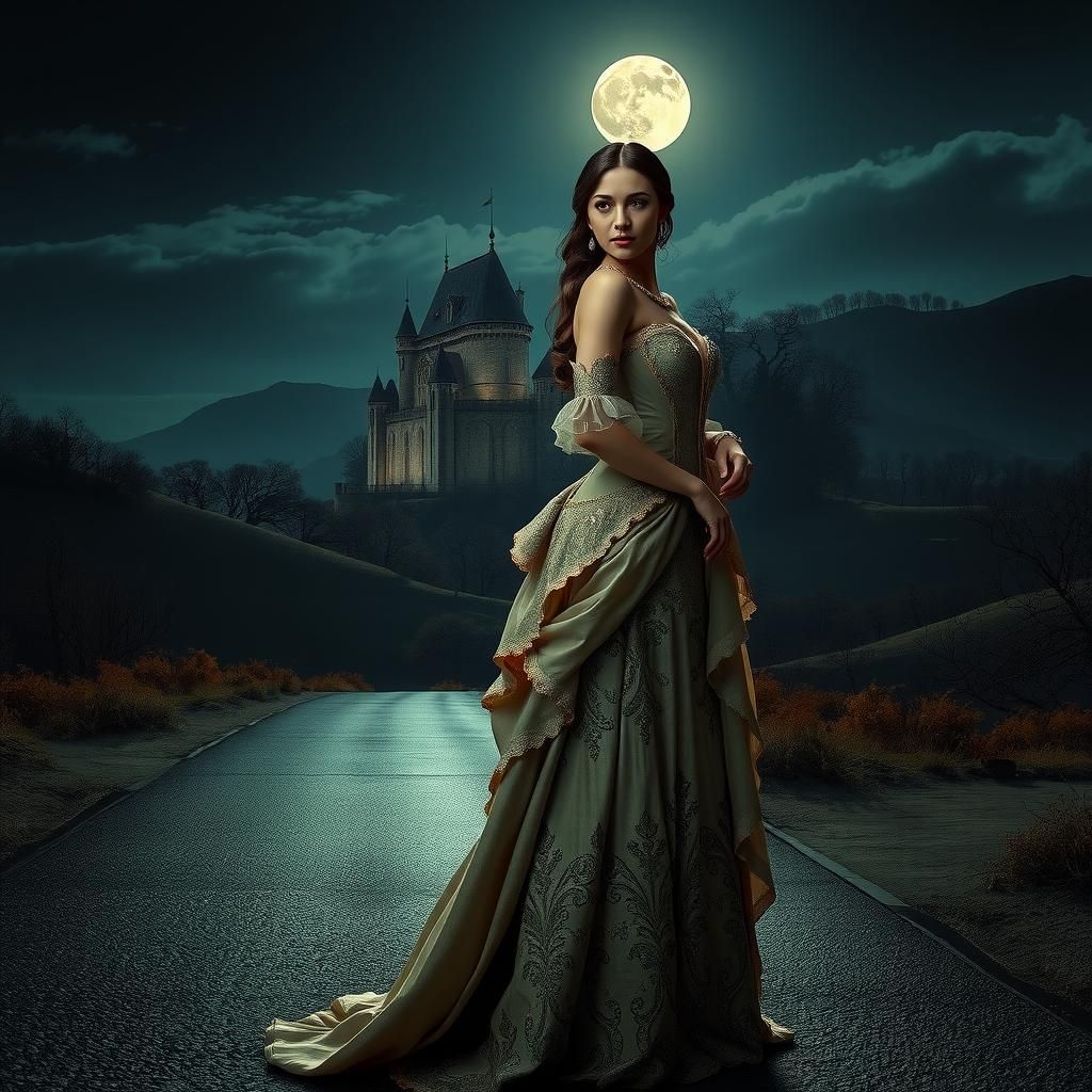 Beautiful, tall and thin lady in baroque gown,night,moon,landscape,street,castle. color corrected sharp focus volumetric lighting