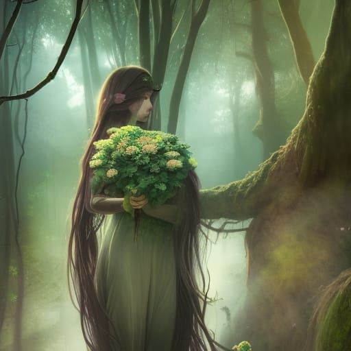 Forest Goddess medium honey brown colored skin long long gre...