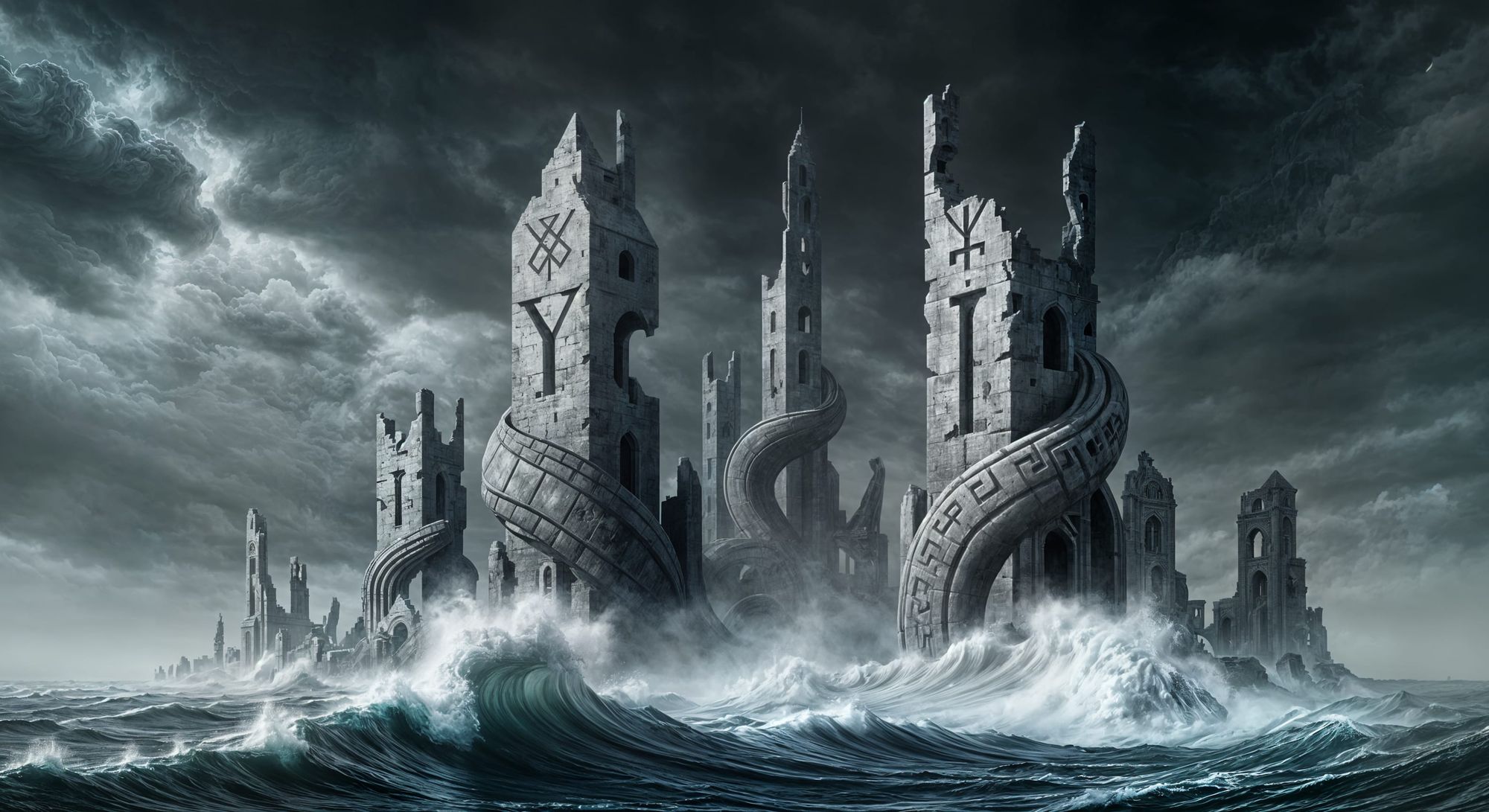 Episode III of the “Architecture of Horror” series: Impossible architecture of the Great Old Ones emerging from the ocean depths amidst a st...