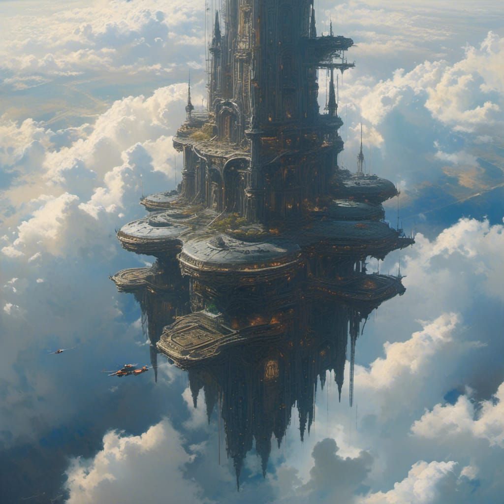 <lora:Floating Buildings:1.0> photorealistic painting of a colossal gothic building system floating in the clouds in the style of futuristi...
