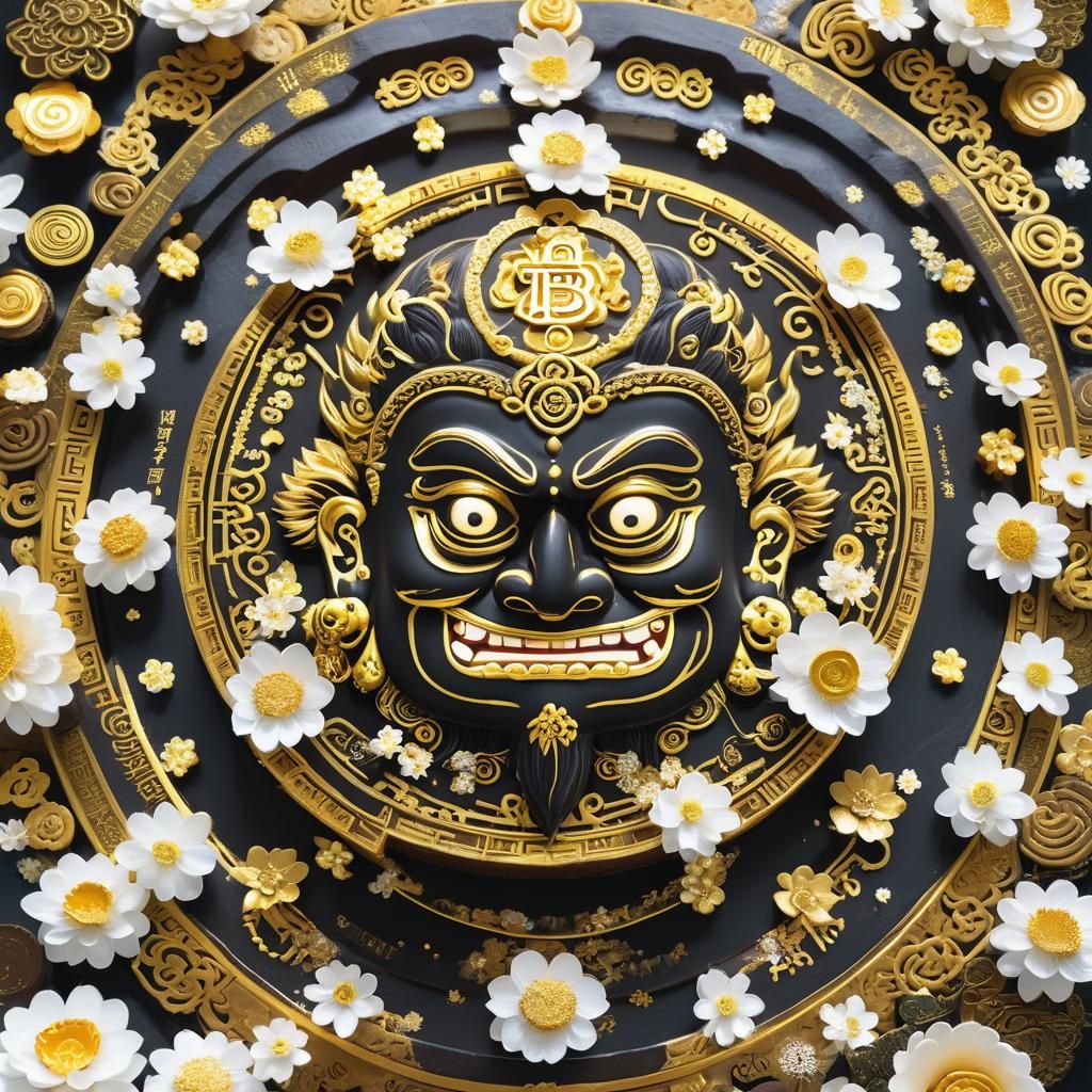 Mahakala Statue with Bitcoin Cake, Hyperrealistic Art