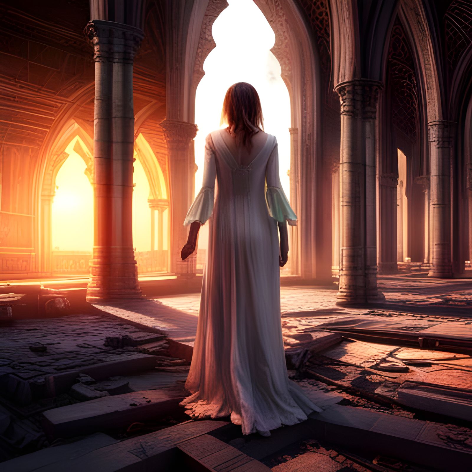 Ethereal lady in haunted cathedral ruins