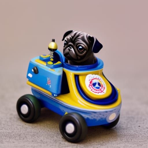 a pug riding a model miniature space shuttle amusement ride