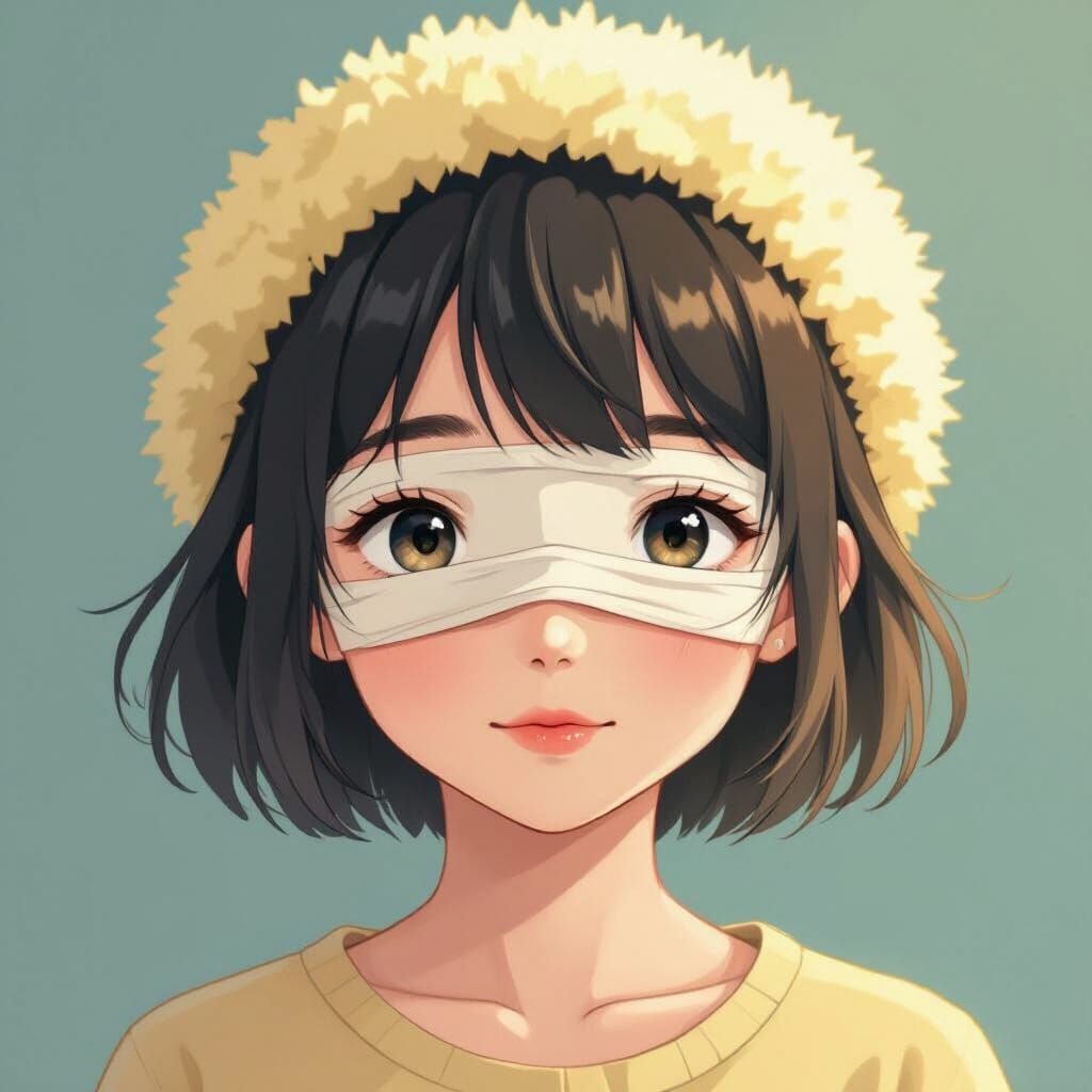 Stepping into infin一个年轻女孩的肖像，超短的短发，戴着浅黄色的毛茸茸头箍。眼睛被干净的白色绷带覆盖着。她带着一丝羞涩的微笑，传递出一种脆弱和天真的感觉。风格是柔软的动漫插画。ity