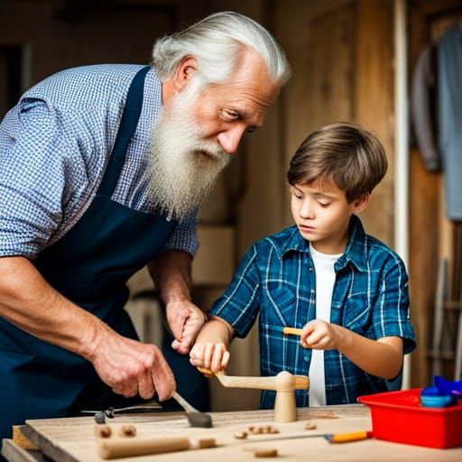 A very old man with long white beard and white hair teaching to his young nephew how to build an item. ... false