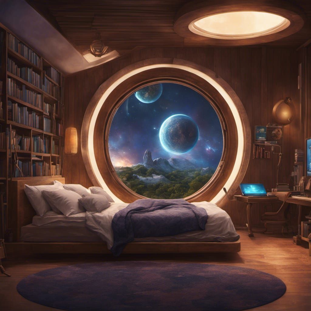 Bedroom, library, circular window, overlooking the galaxy, in space, galactic view, wood paneled, cozy, ...  by @Anna Kendrick fan