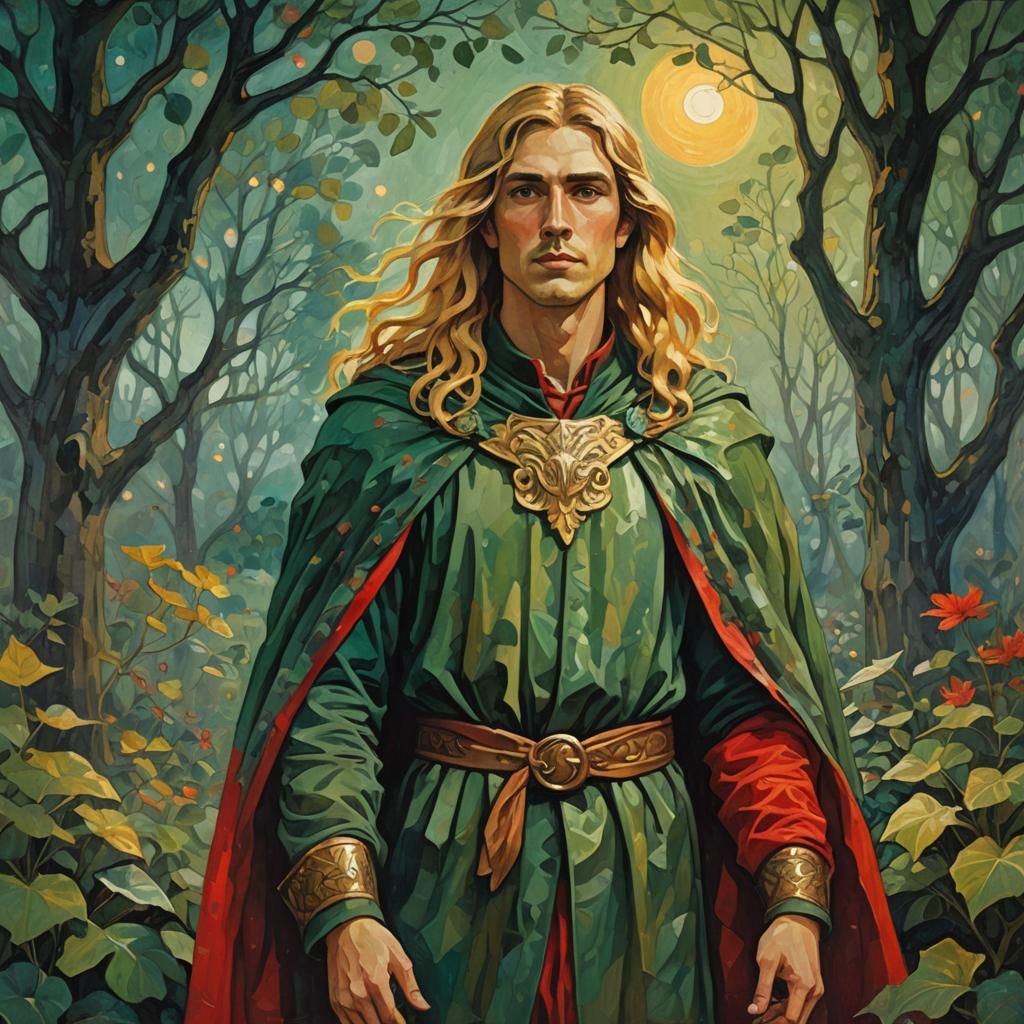 Golden-Haired Man in Moonlit Garden, Art Nouveau Style