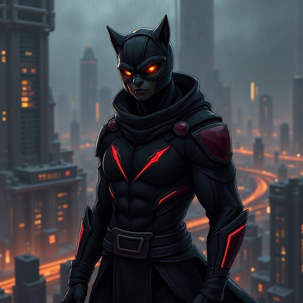 <lora:Ickwonaughts:1.0>A figure in a dark bodysuit with crimson accents, their mask revealing glowing, cat-like eyes, standing silently atop...