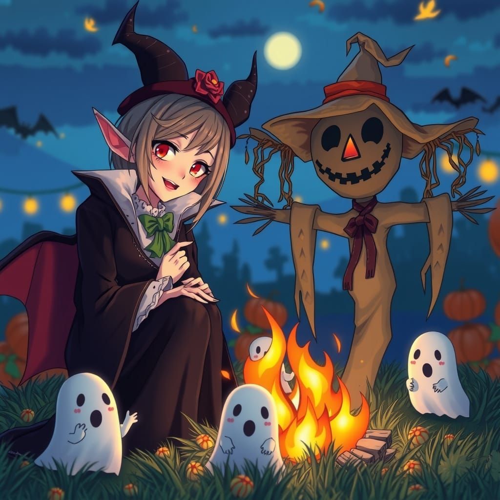 A woman vampire and a scarecrow in a romantic harvesting festival, cute ghosts friends in a bonfire, 3d realistic anime 