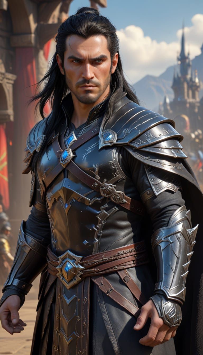 A 35 years old man with angular and marked features face reflected years of experience. Wearing leather armor and long black cape. deep blac...