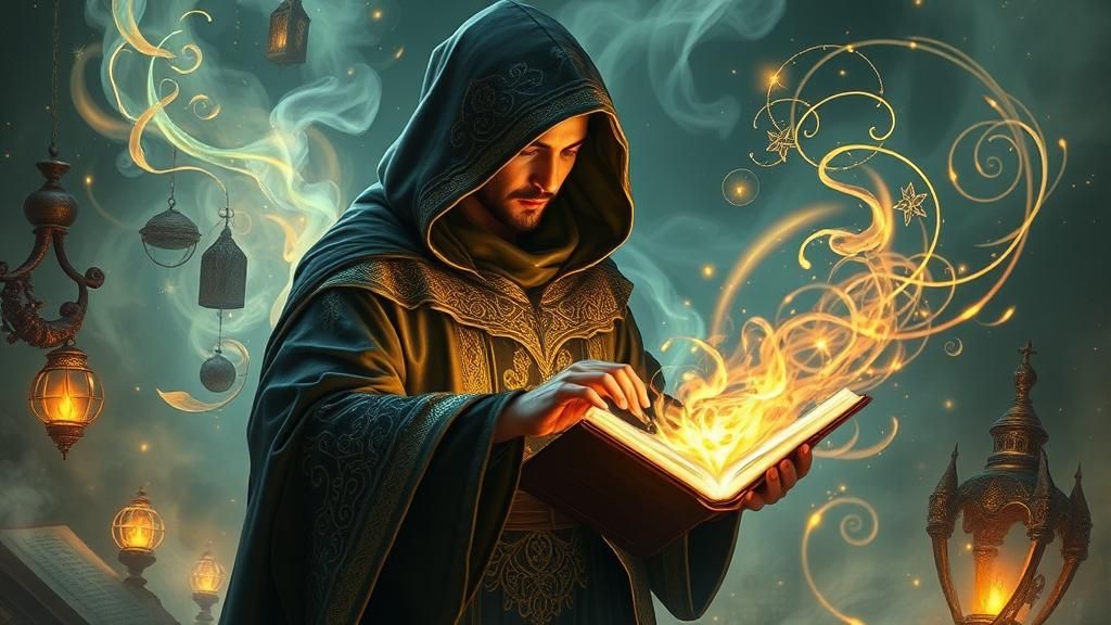 A mysterious mage casting a powerful spell, surrounded by magical effects and a mystical atmosphere.