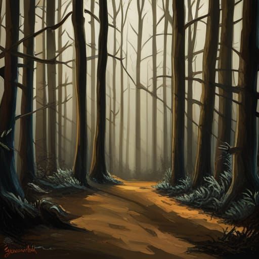 a dark forest with many trees.