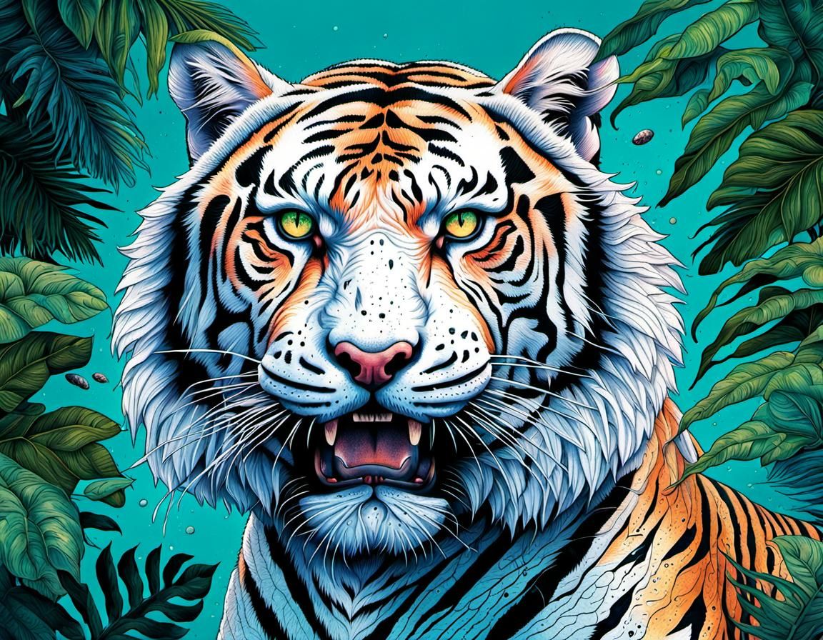 In tropical forest. Full colored tattoo of plans, sketches, ...