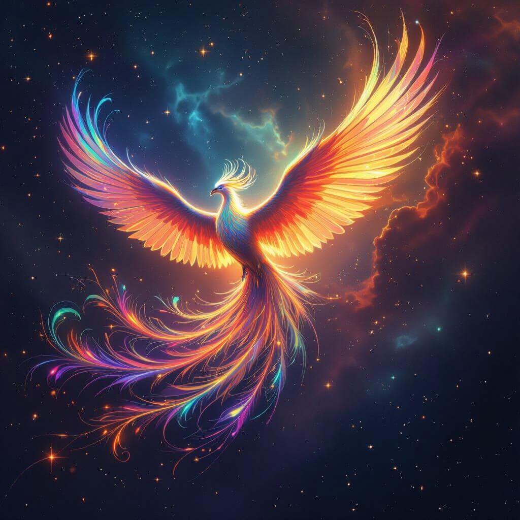 Bioluminescent Phoenix Soaring Through Iridescent Nebula