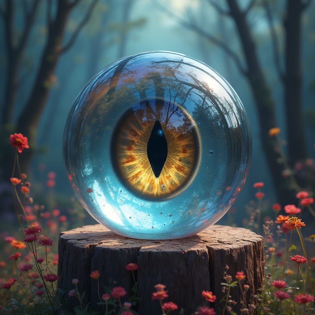 Holographic Cat Eye with Owl Reflection in Forest