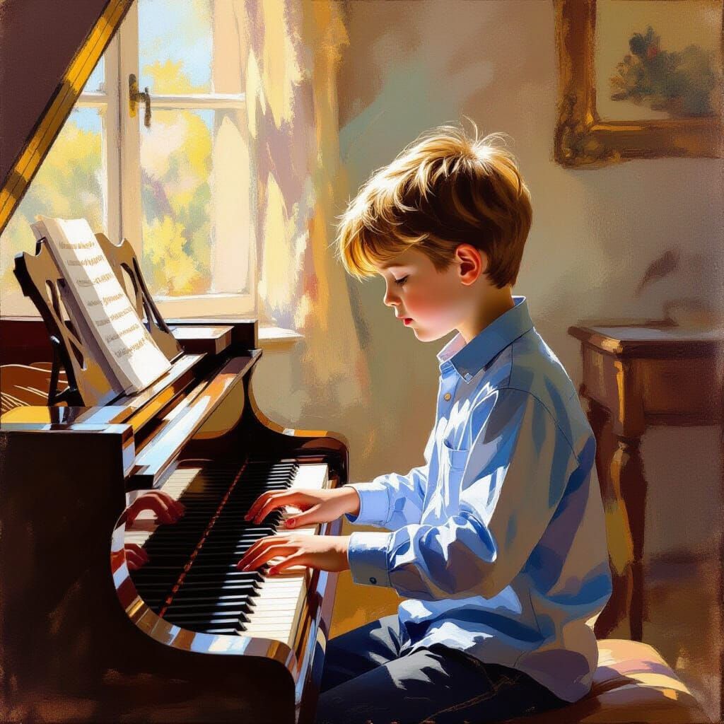 Boy Plays Piano in Sunlight, Impressionistic Style