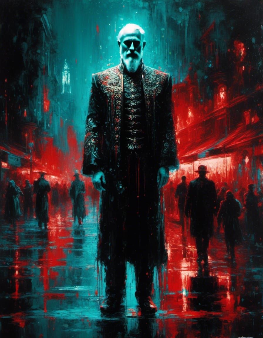 <lora:Negative Glow:1.0>"priest man smiling" eerie black white red gold cyan sharp focus jeremy mann glitchcore painting by cavaraggio anal...