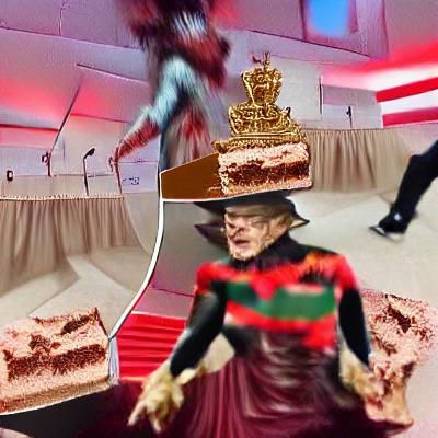 Freddy Krueger jumps out of a large cake to surprise Queen E...