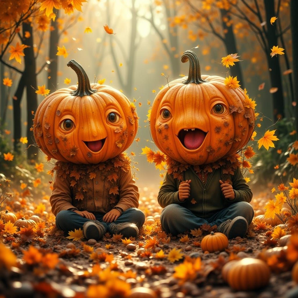 Pumpkin headed creatures playing in autumn leaves <lora:Abstract Reality:1.0>