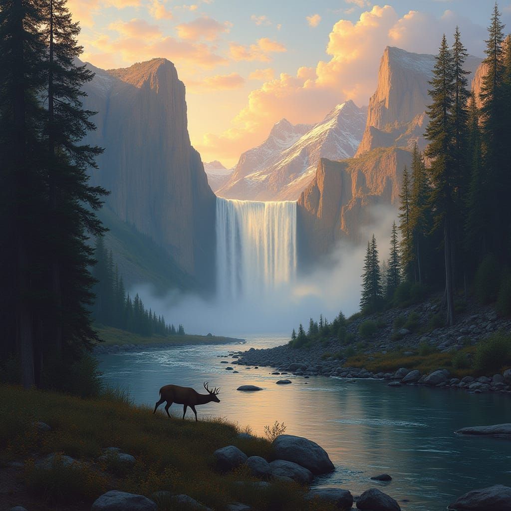Surreal Sunset Waterfall Landscape with Deer Silhouette
