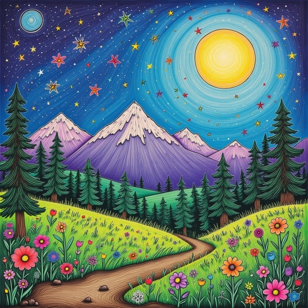 A magical alpine paradise with zentangle stars and moon <lora:ChildhoodCrayon Flux:1.0> 