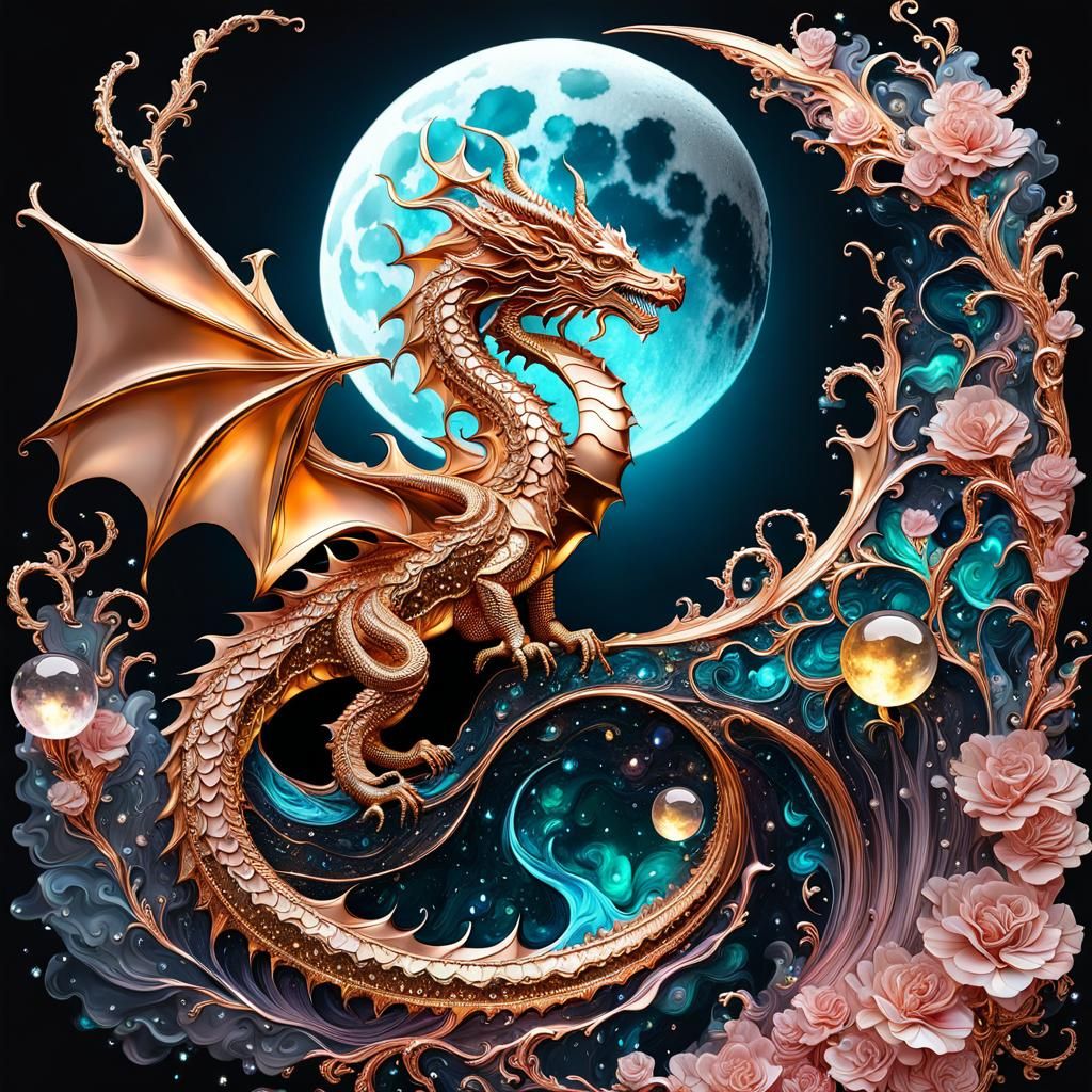 "rose gold liquid alcohol ink, dripping gold, macro, fantasy  glass celestial Dragon with a moon scene, ...  by @Marshas Creative AI Designs