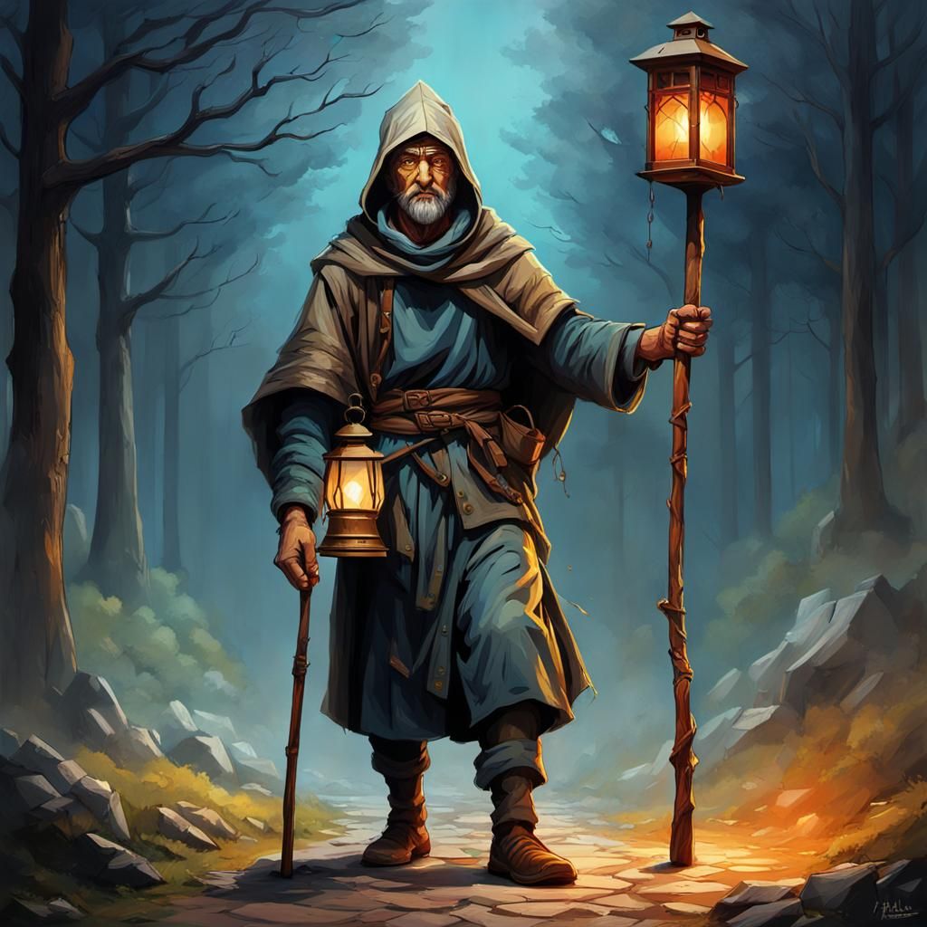 pilgrim walker, with hood on his head, with wooden stick in ...
