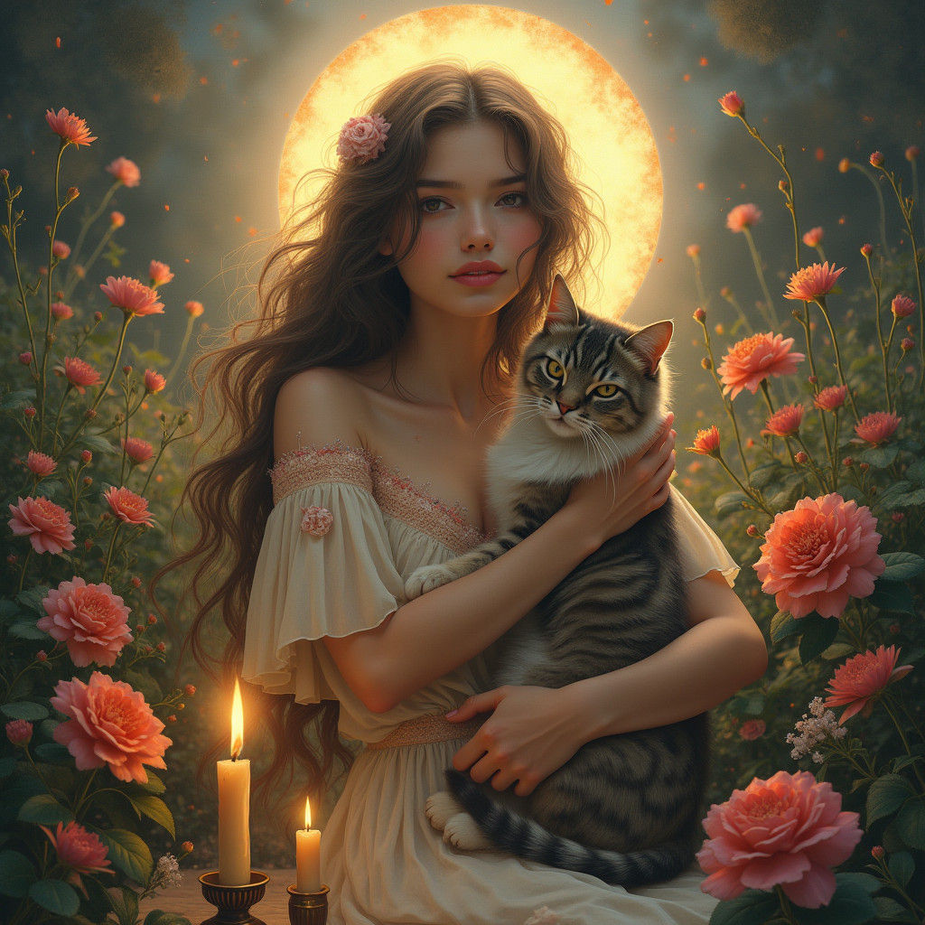 Mystical Woman with Cat in Dreamy Light