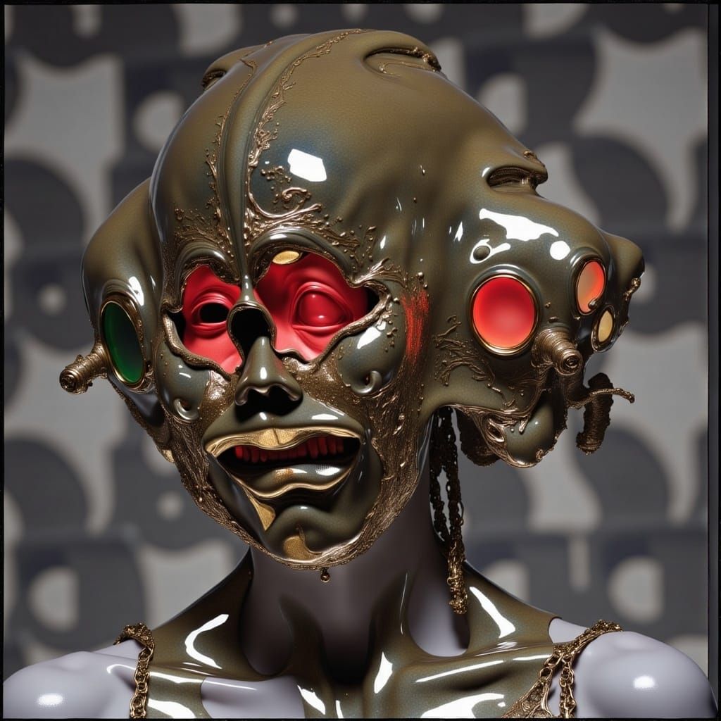 <lora:liquid:3.0> Partial-hiding chrome-Mask, intricate glitch art,  velvet-red bulging glowing x-eyes behind imperial glasses:: chains infr...