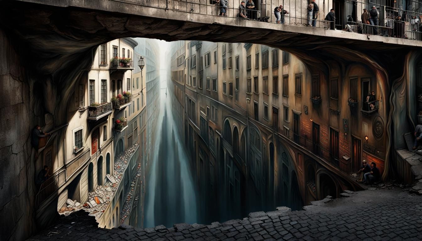 Cinematic 3D painted Street Art creating the illusion of a City under the street in a chasm. Painting ...  by @SteveCampsOut