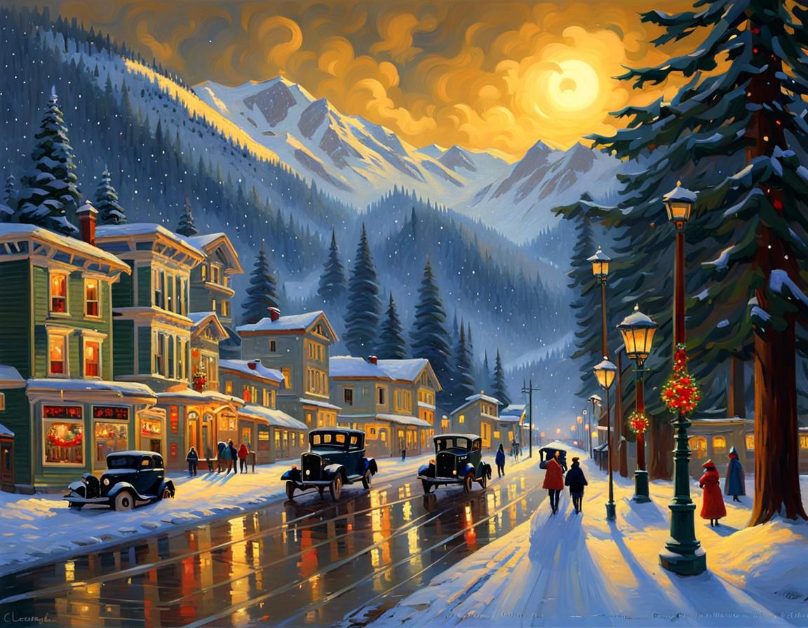 Christmas time in Dunsmuir, California, under snow, in style of
