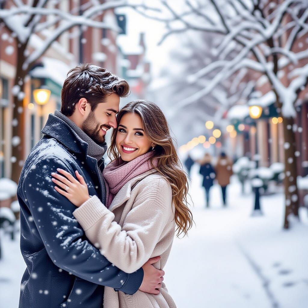 A close-up of a beautiful young couple embracing on a snowy alley surrounded by trees. In the background, blurred figures of other people st...
