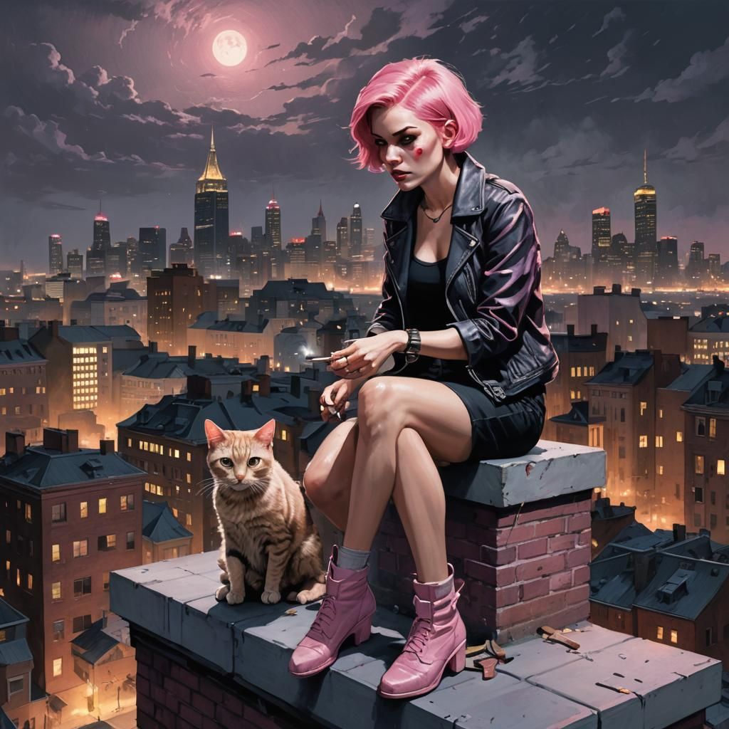 Villain girl with very short pink hair sits on top of a buil...