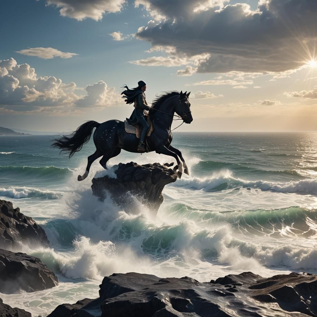 elf on a huge black horse with white spots